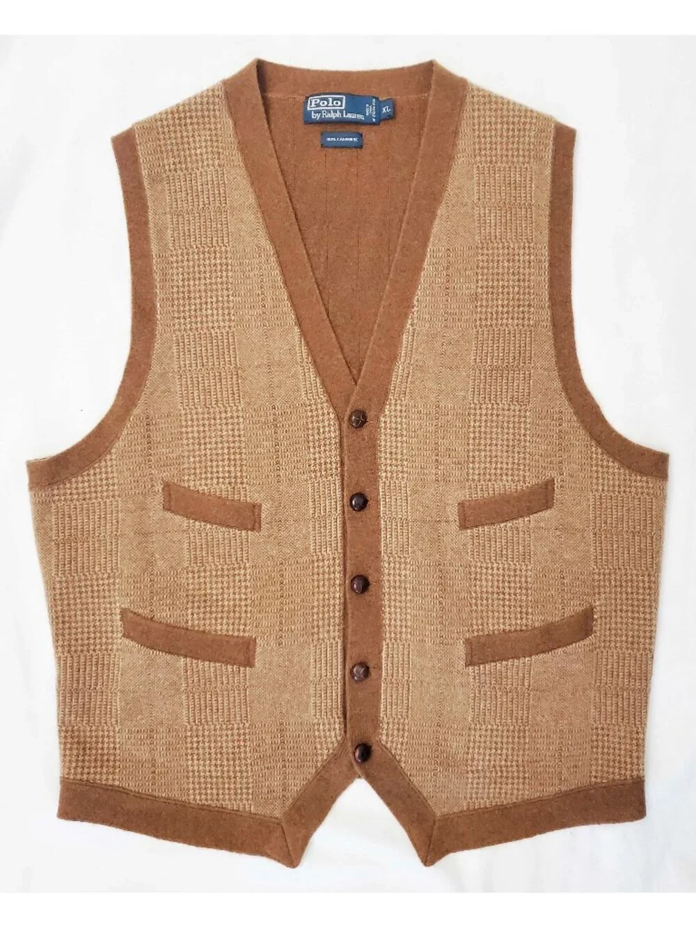 VTG Polo Ralph Lauren Men's Brown Knit Waistcoat Vest Glen Plaid 100% Cashmere